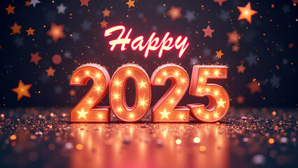 Happy New Year 2025 with glowing lights. Festive celebration concept.