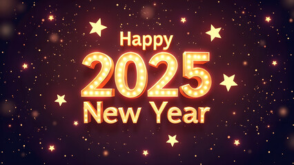 Happy New Year 2025 with golden lights. Festive celebration concept.