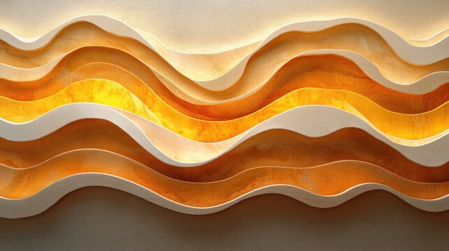 Abstract wavy wall design with warm orange and cream colors, creating a layered, textured look. - Powered by Adobe
