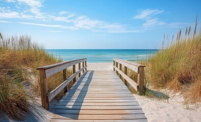 Naklejka premium Serene Wooden Boardwalk Leading to Tranquil Beach with Turquoise Waters