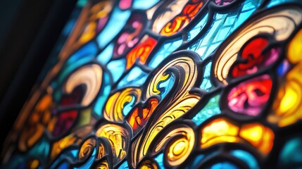 Stained glass text with intricate patterns, church window lighting,