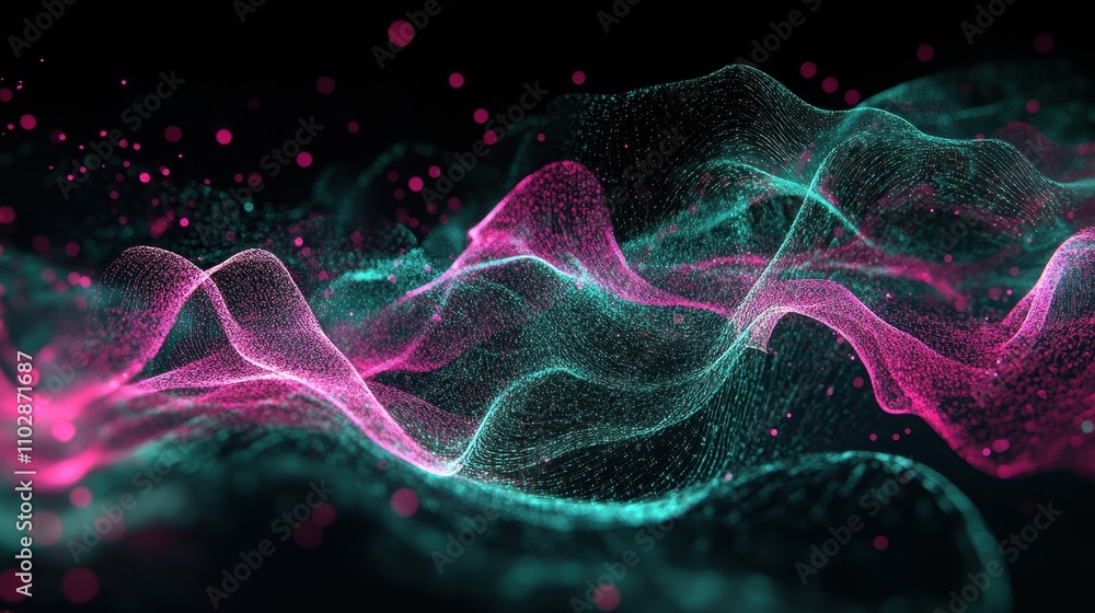Poster glowing waves of colorful light on dark background with refined flow and dynamic movement