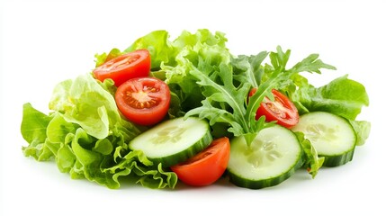 Fresh salad with lettuce, tomatoes, and cucumber, showcasing healthy eating.