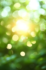 Obraz premium Bokeh Background of Bright Glowing Light Surrounded by Blurred Green Spring Summer Foliage with Sun Flare and Blue Sky