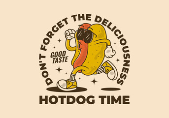 Hot Dog time, Don't forget the deliciousness. Vintage retro character of hot dog in running pose