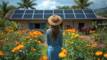 Fototapeta premium Solar panels in a tropical setting, surrounded by palm trees and vibrant flora, capturing clean energy.