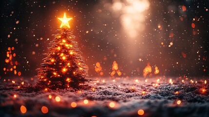 Glowing Christmas Tree with Golden Lights in Winter