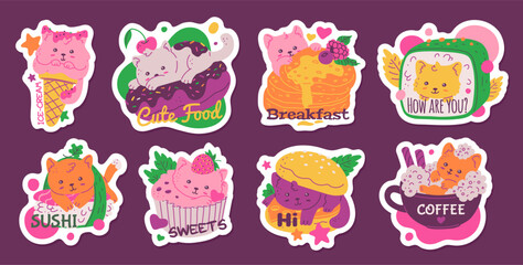 Cute cat in food stickers collection with lettering, funny burger, rolls, cupcake, ice cream cone with kitten comic menu
