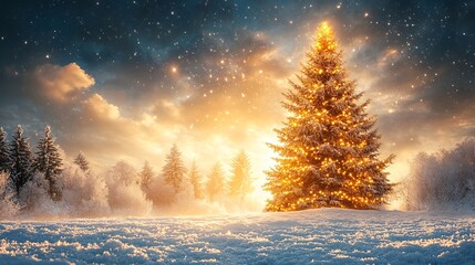 Fototapeta premium Glowing Christmas Tree with Golden Lights in Snowy Landscape