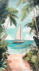 Fototapeta premium Tropical Paradise Escape, inviting ocean view with a sailboat gliding on turquoise waters, framed by lush palm trees, perfect for promoting tropical getaways.