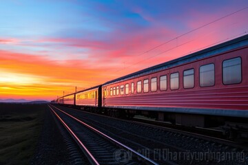 Fototapeta premium A train is traveling down the tracks with a beautiful sunset in the background