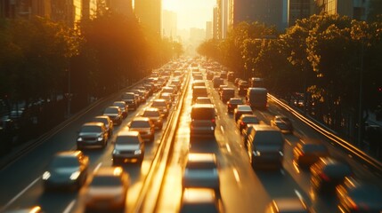Sunset Over Busy City Road with Traffic Flowing, Illuminated by Golden Rays, Capturing Urban Energy and Vibrancy in Motion During Evening Rush Hour