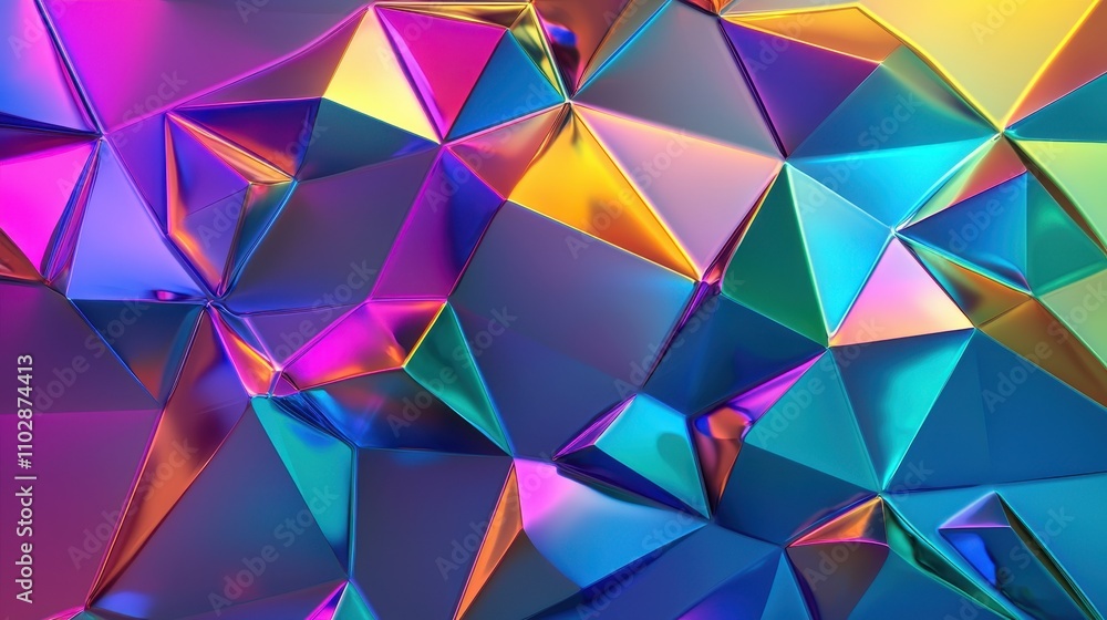 Poster iridescent futuristic holographic surface with colorful geometric patterns and reflections