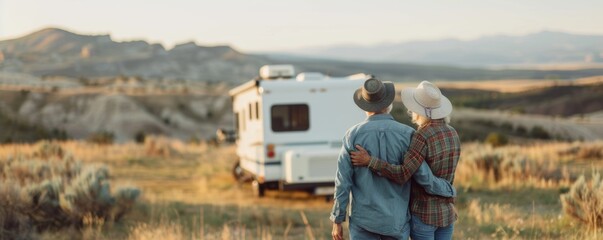 Happy Retired Couple Video Calling Grandkids from Solar-Powered Smart RV in Scenic National Park