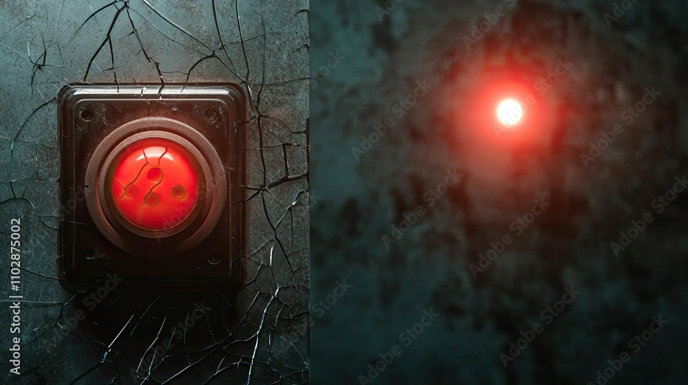 Poster red button with glowing light on textured dark surface, isolated on white background.
