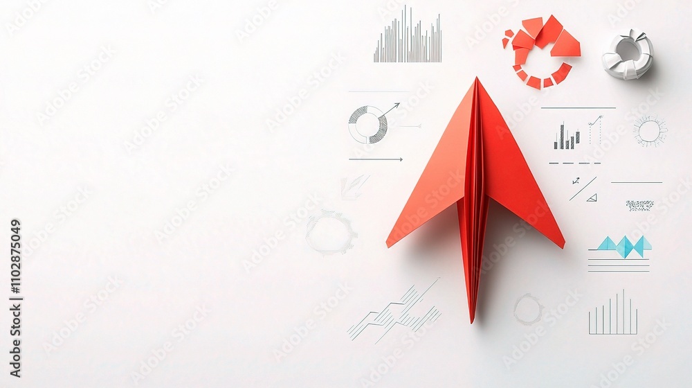 Poster red paper airplane on white background with graph elements and charts