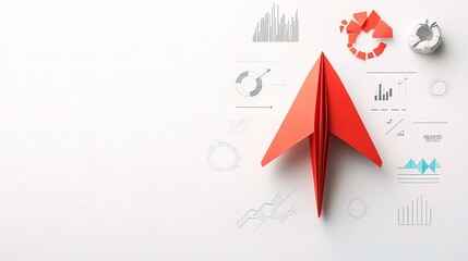 Red Paper Airplane on White Background with Graph Elements and Charts