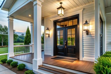 Modern Farmhouse Front Door, Black Door, White Pillars, Porch, Exterior Design, Home Exterior, Architectural Detail, House Front, Real Estate Photography