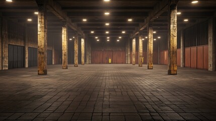 Naklejka premium Abandoned Industrial Warehouse Interior with Wooden Columns and Floor