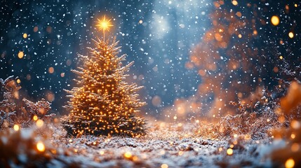Sparkling Christmas Tree with Golden Lights at Night