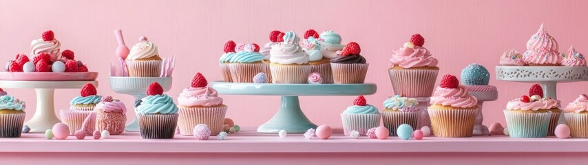 Pastel Cupcake Delight, an enticing display of scrumptious cupcakes artfully arranged on a soft-hued table, perfect for dessert enthusiasts and bakery promotions.