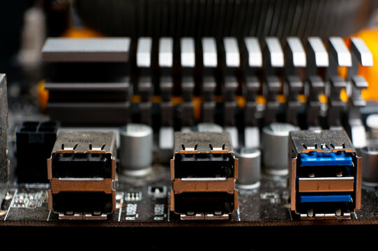A fragment of a computer board with inputs for connecting peripheral devices