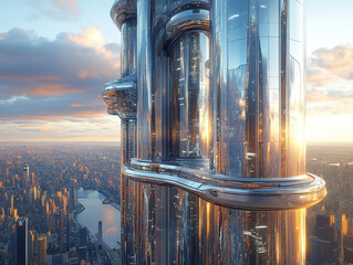 A 3D rendering of a futuristic skyscraper with glass panels and metallic accents, reflecting the surrounding cityscape