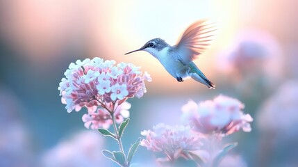 Fototapeta premium Hummingbird in Flight Pastel Flowers Spring Nature Photography