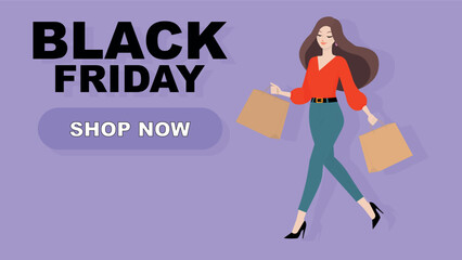 woman shopping, with shopping bags in hands, illustration, banner, 