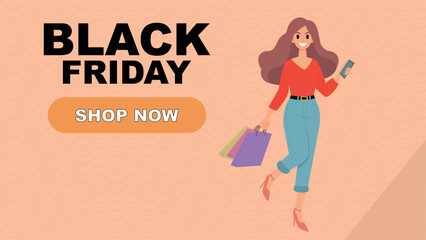 woman shopping, with shopping bags in hands, illustration, banner, 