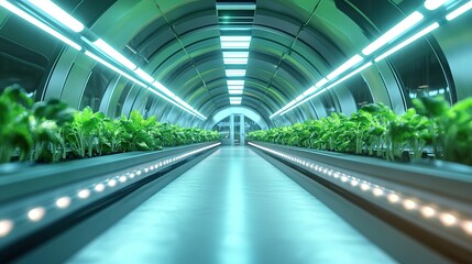 A futuristic hydroponic farm with rows of green vegetables growing under LED lights.