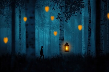 A person is walking through a forest at night