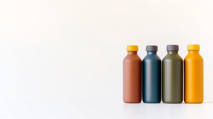 Obraz premium A minimalist arrangement of four colorful bottles against a light background, showcasing modern design and vibrant hues.