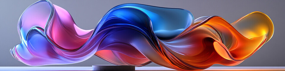 A 3D rendering of an abstract glass sculpture with flowing shapes and vibrant colors, set on a pedestal