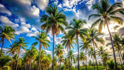 Palmtrees Against a Vibrant Mexican Sky: High Depth of Field Photography of Tropical Landscape, Exotic Nature, Lush Greenery, and Scenic Beauty in Mexico