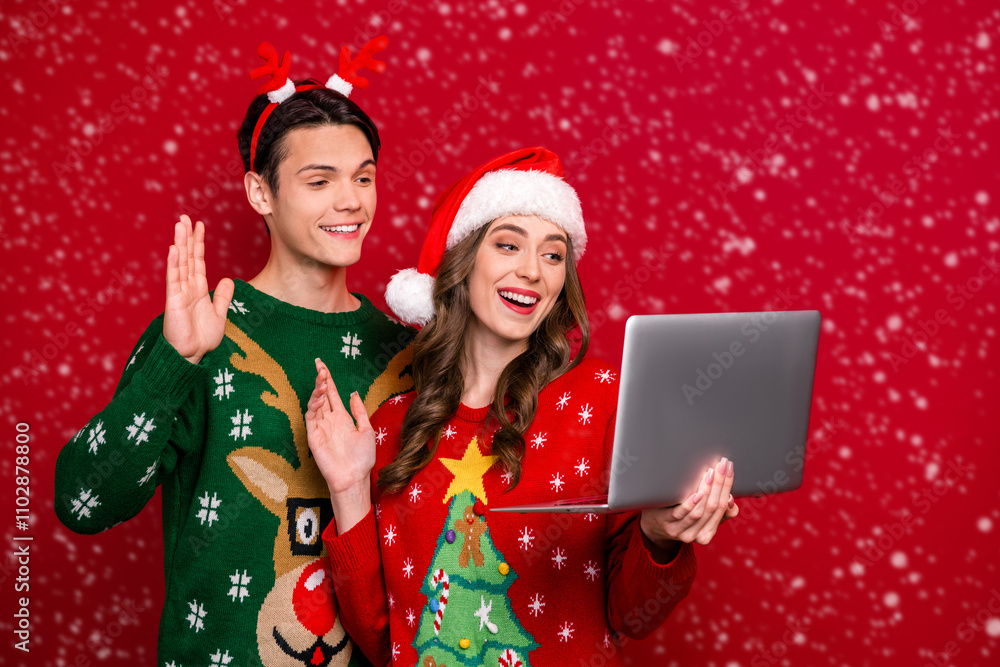 Poster portrait of two cheerful beautiful partners talk communicate video call netbook arm waving hi isolat