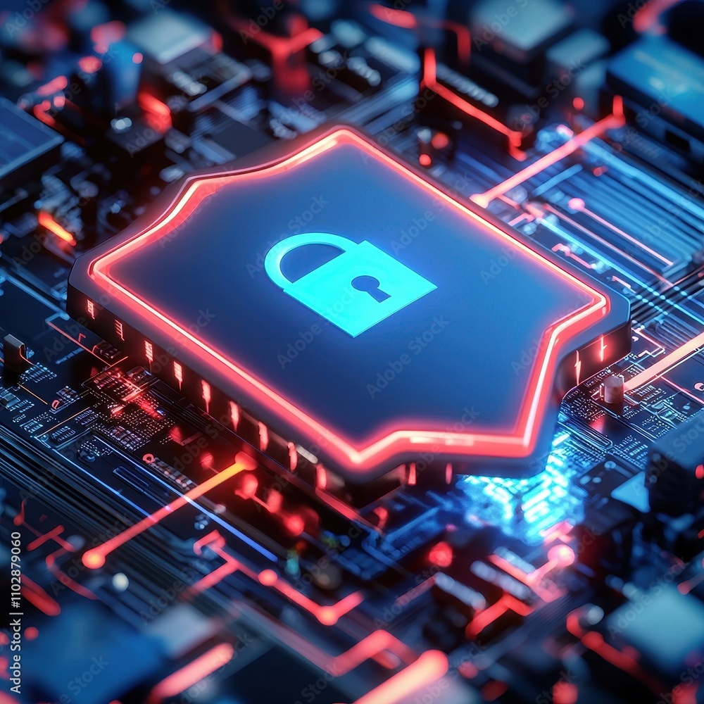 Aufkleber protection against hacking and cyber attacks concept. a glowing security chip on a circuit board.