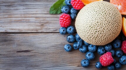 Fototapeta premium Fresh Fruits and Melon Display on Rustic Wooden Background