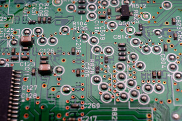 the back side of the electronic printed circuit board with the layout and soldering nodes