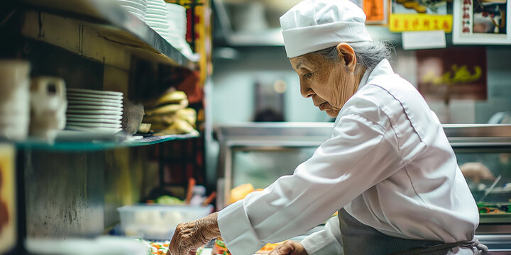 Elderly Asian female chef preparing food in a bustling kitchen - Powered by Adobe