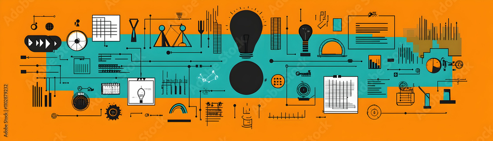 Poster flat design infographic with interconnected icons representing business strategy and innovation.