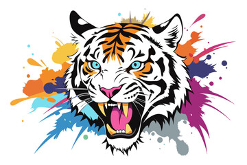 Furious Tiger  with Watercolor Ink Splash & Alcohol Ink Art | Realistic Multi-Colored Eyes 