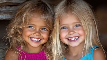 Fototapeta premium Happy Interracial Girls Smiling Best Friends Preschool Childhood Joy