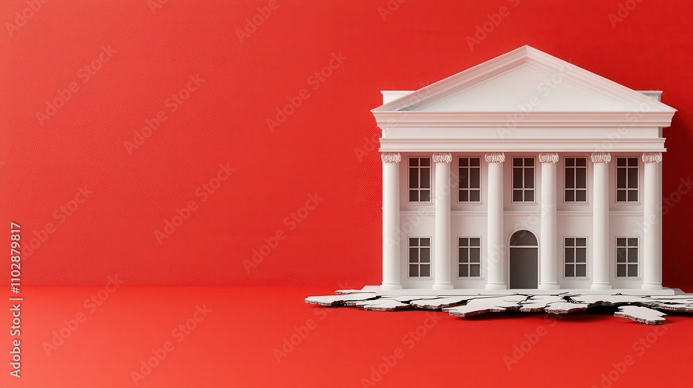 Poster economic collapse recession policy concept. a miniature white building with columns sits on a red ba