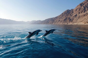Two dolphins are swimming in the ocean