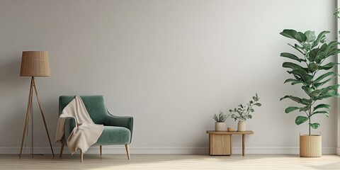 Minimalist Living Room with Teal Velvet Armchair and Natural Decor