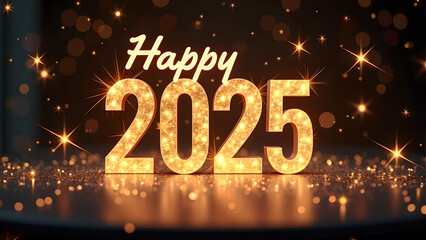Happy New Year 2025 with golden lights. Concept of celebration, holiday, and future.