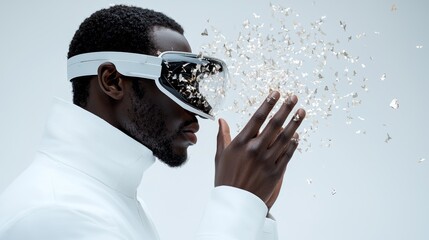 A man wearing futuristic goggles, surrounded by floating particles, suggesting advanced technology.