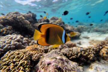 A yellow and black fish is swimming in the ocean
