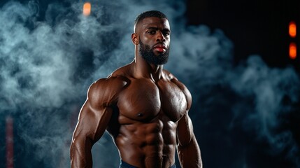 Powerful and Chiseled Male Bodybuilder Posing Confidently in Smoke-Filled Gym, Showcasing Muscular Physique and Intense Focus on Strength and Fitness